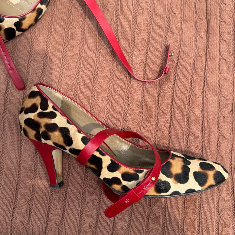 Anyi Lu ‘Serena’ Pony Hair Leopard Heels with Scarlet Red Leather Straps – Size